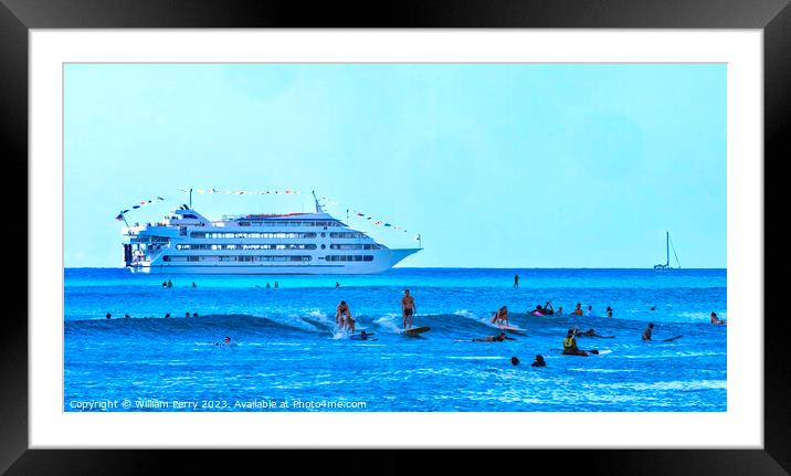 Colorful Surfers Swimmers Cruise Ship Waikiki Beach Honolulu Haw Framed Mounted Print by William Perry