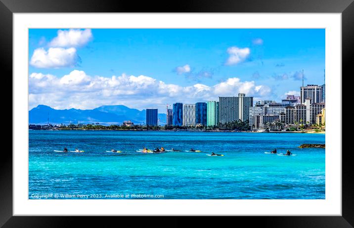 Colorful Surfers Hotels Waikiki Beach Honolulu Hawaii Framed Mounted Print by William Perry