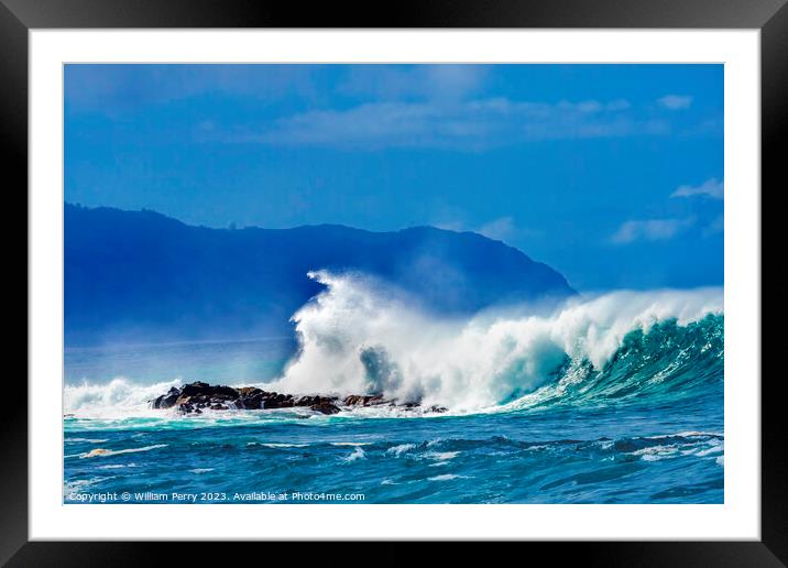 Colorful Large Waves Rocks Waimea Bay North Shore Oahu Hawaii Framed Mounted Print by William Perry