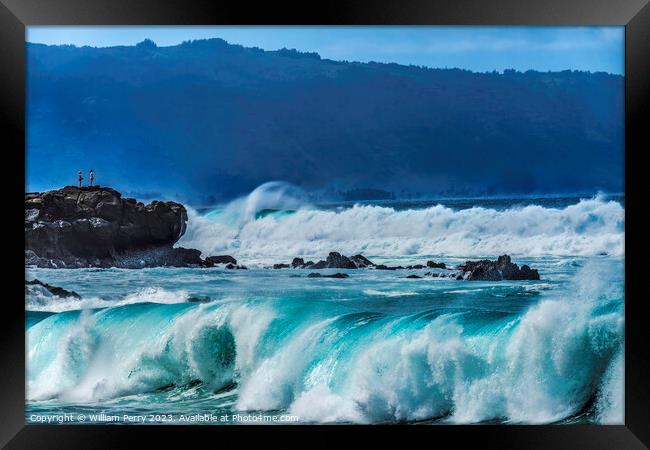 Watching Large Waves Rocks Waimea Bay North Shore Oahu Hawaii Framed Print by William Perry