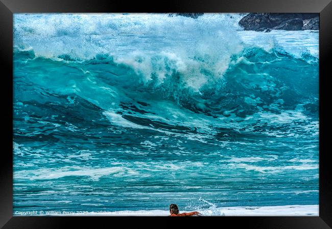 Surfer Paddling Out Wave Waimea Bay North Shore Oahu Hawaii Framed Print by William Perry
