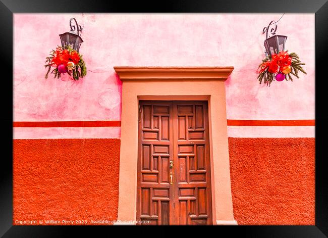 Pink Red Wall Brown Door Christmas San Miguel Allende Mexico Framed Print by William Perry