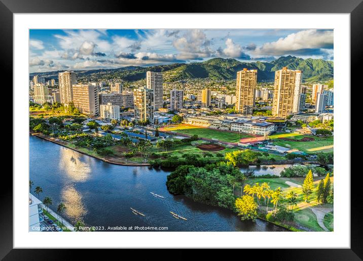 Colorful Canoes Buildings Ala Wai Canal Waikiki Honolulu Hawaii Framed Mounted Print by William Perry