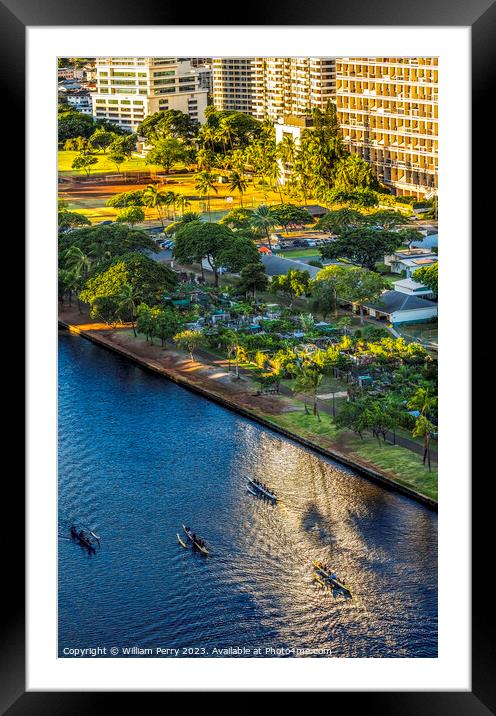 Colorful Canoes Buildings Waikiki Ala Wai Canal Waikiki Honolulu Framed Mounted Print by William Perry