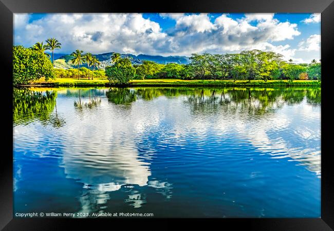 Colorful Green Trees Clouds Ala Wai Canal Reflection Honolulu Ha Framed Print by William Perry