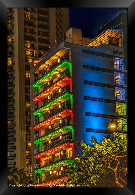 Colorful Illuminated Hotel Christmas Lights Waikiki Honolulu Haw Framed Print by William Perry
