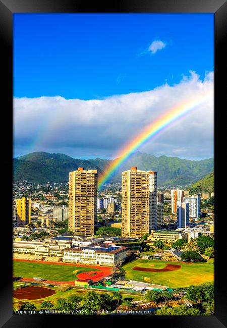 Colorful Double Rainbows Buildings Tantalus Waikiki Honolulu Haw Framed Print by William Perry
