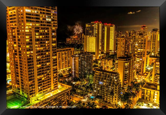 Fireworks Night Illuminated Buildings Waikiki Honolulu Hawaii Framed Print by William Perry
