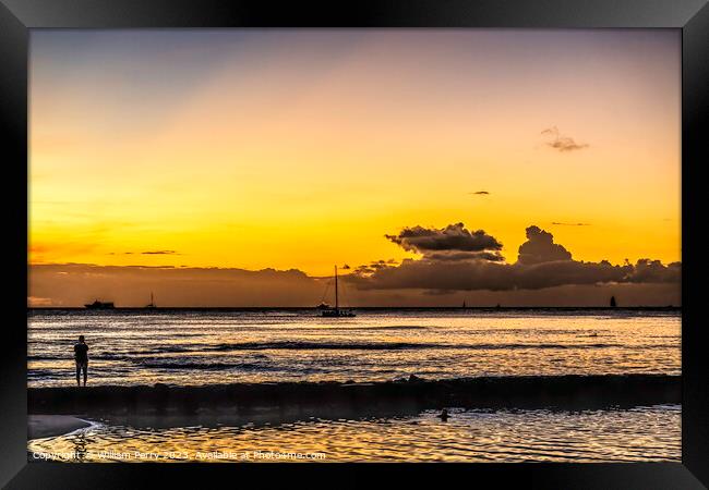 Colorful Sunset Pacific Ocean Waikiki Honolulu Hawaii Framed Print by William Perry