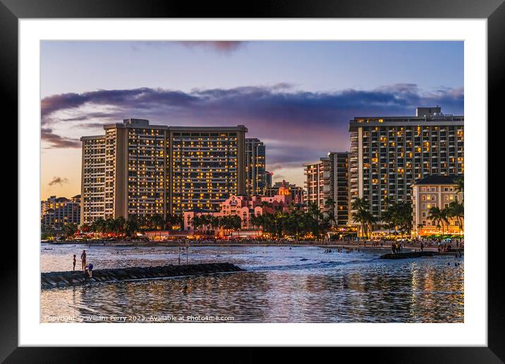 Sunset Ocean Buildings Waikiki Honolulu Hawaii Framed Mounted Print by William Perry