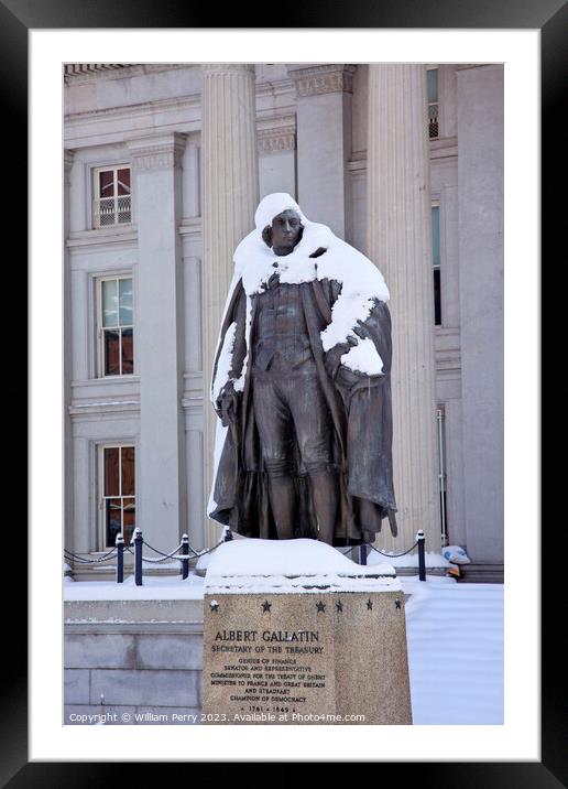 Albert Gallatin Statue Snow US Treasury Washington DC Framed Mounted Print by William Perry