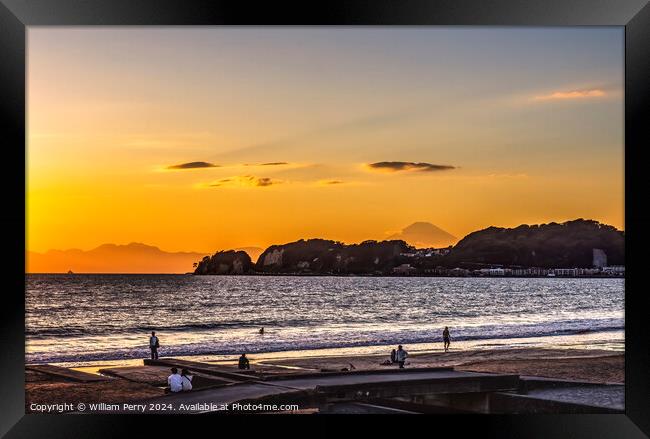 Colorful Sunset Kamakura Beach Mt Fuji Sagami Bay Kanagawa Japan Framed Print by William Perry
