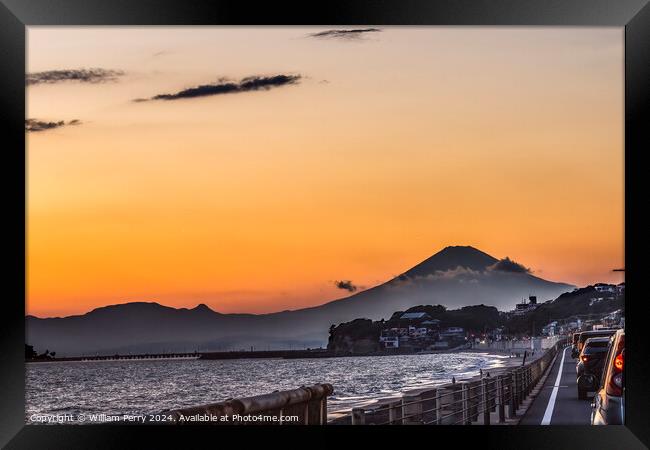 Sunset Cars Highway Mt Fuji Sagami Bay Kamakura Kanagawa Japan Framed Print by William Perry
