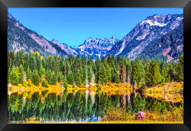 Gold Lake Reflection Pink Hiker Mt Chikamin Peak Washington  Framed Print by William Perry