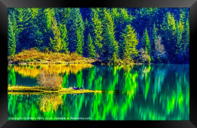 Green Yellow Autumn Reflection Colors Gold Lake Washington Framed Print by William Perry