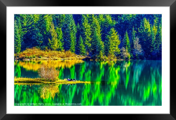 Green Yellow Autumn Reflection Colors Gold Lake Washington Framed Mounted Print by William Perry
