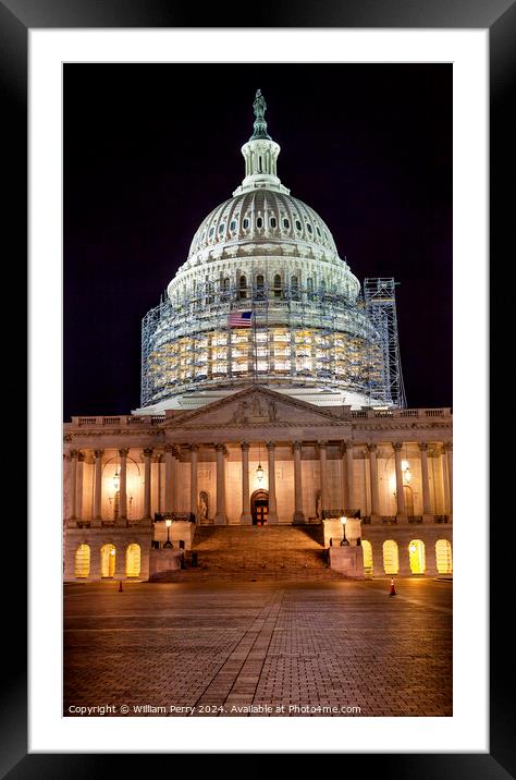 US Capitol North Side Construction Close Up Flag Night Stars Was Framed Mounted Print by William Perry