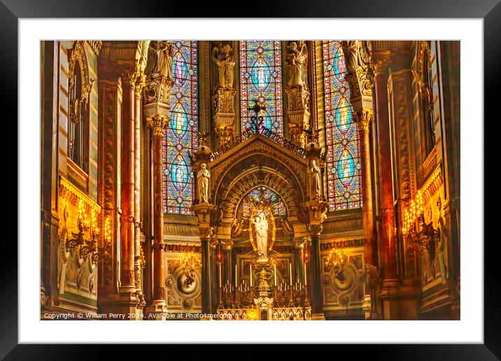 Mary Statue Altar Stained Glass Basilica Notre Dame Lyon France Framed Mounted Print by William Perry