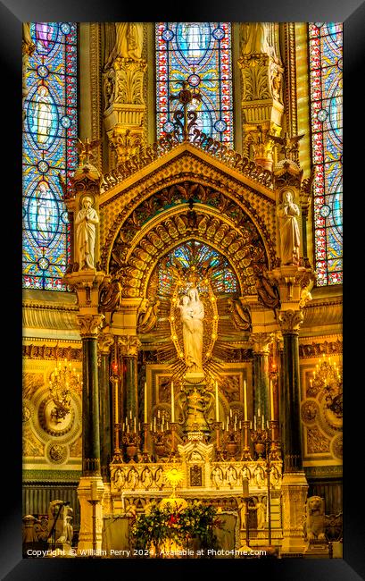 Mary Statue Altar Stained Glass Basilica Notre Dame Lyon France Framed Print by William Perry