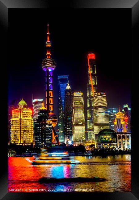 Pudong Skyscrapers Huangpu River Shanghai Night Framed Print by William Perry