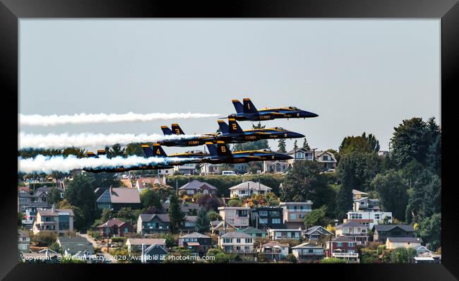 Blue Angels Close Flying Over Seattle Houses Washi Framed Print by William Perry