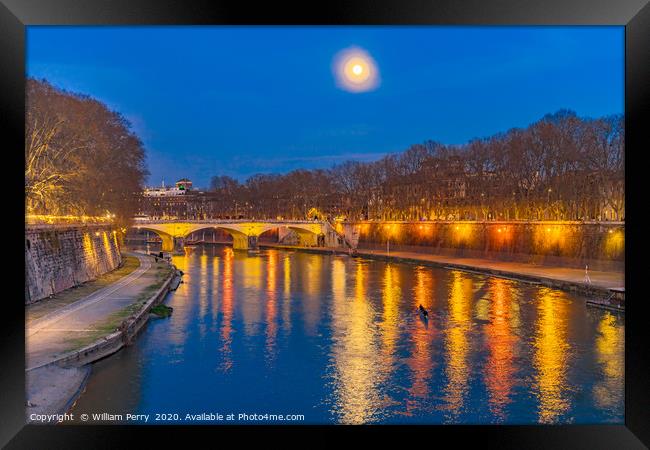 Moon Night Tiber River Rome Italy Framed Print by William Perry