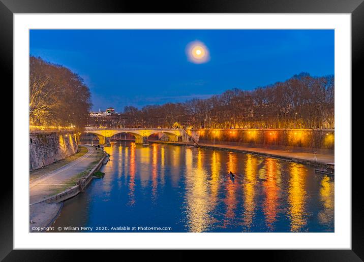 Moon Night Tiber River Rome Italy Framed Mounted Print by William Perry