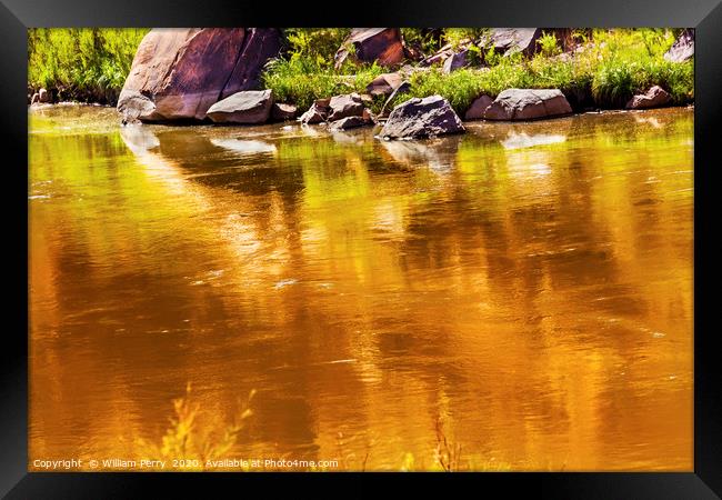 Gold Yellow Reflection Abstract Colorado River Uta Framed Print by William Perry