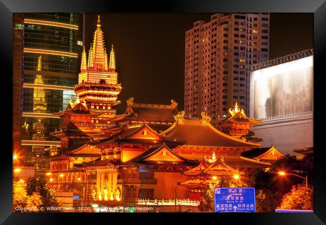 Golden Jing An Temple Shanghai China Night Framed Print by William Perry