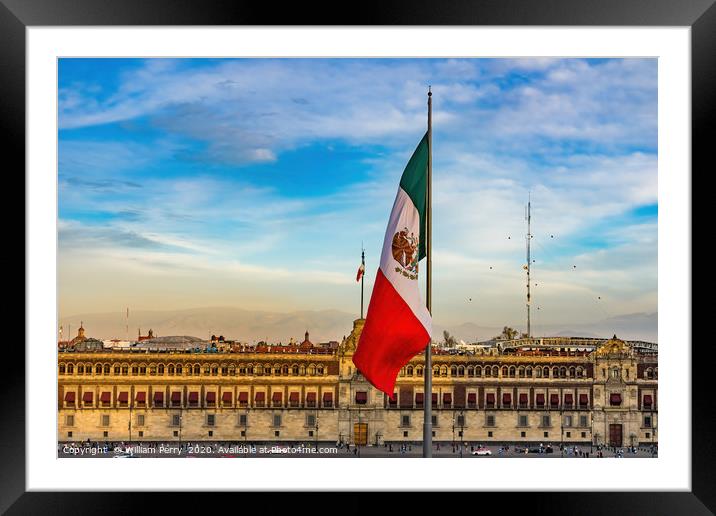 Mexican Flag Presidential Palace Mexico City Mexic Framed Mounted Print by William Perry
