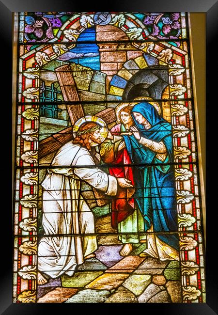 Jesus Cross Stained Glass Saint Mary's Catholic Ch Framed Print by William Perry