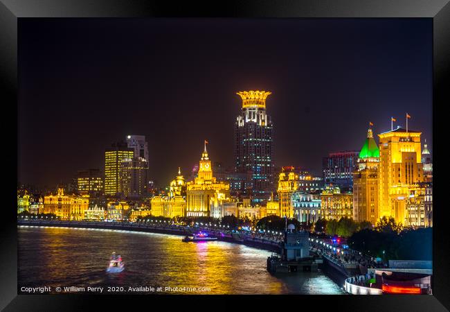 Bund Skyscrapers Night Lights Shanghai China Framed Print by William Perry