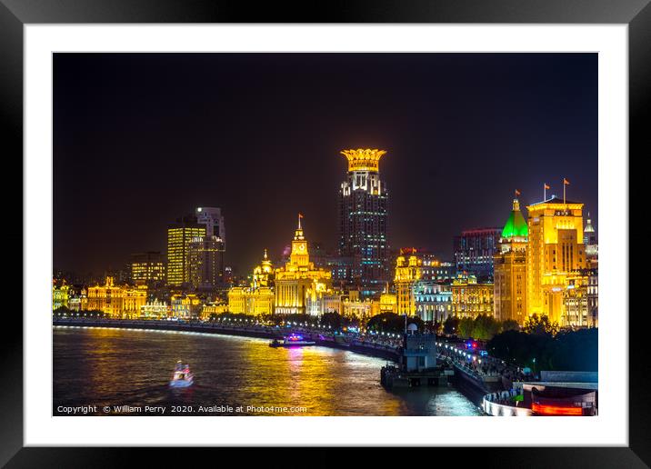 Bund Skyscrapers Night Lights Shanghai China Framed Mounted Print by William Perry