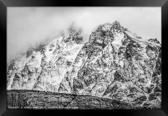 Black and White Snow Mountains Grey Glacier Torres Framed Print by William Perry