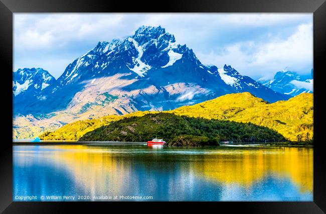 Grey Lake Ship Snow Mountains Torres del Paine Nat Framed Print by William Perry