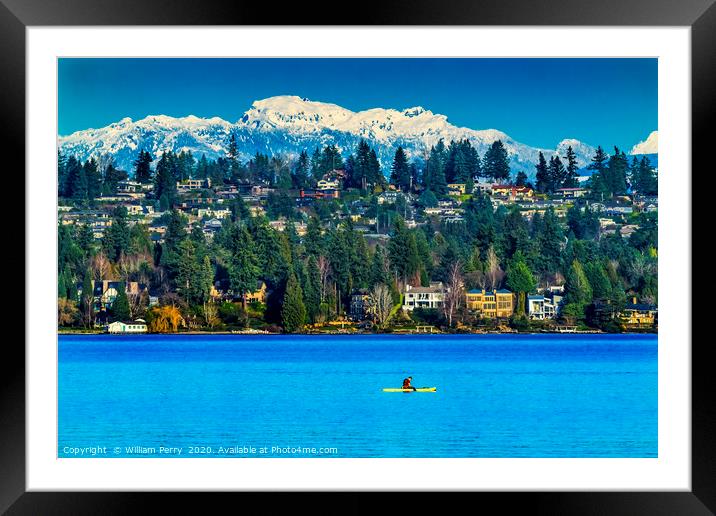 Yellow Canoe Houses Lake Snow Capped Mountains Bel Framed Mounted Print by William Perry