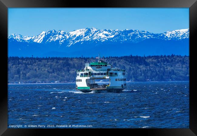 Washington State Ferry Boat Olympic Mountain Range Framed Print by William Perry