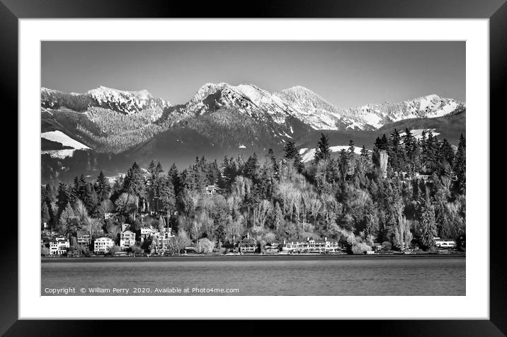 Black and White Lake Washington Bellevue Washingto Framed Mounted Print by William Perry