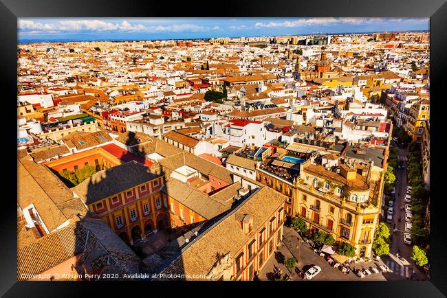 City View and Plaza Churches from Giralda Tower Shadow Seville Ccathedral Spain Framed Print by William Perry