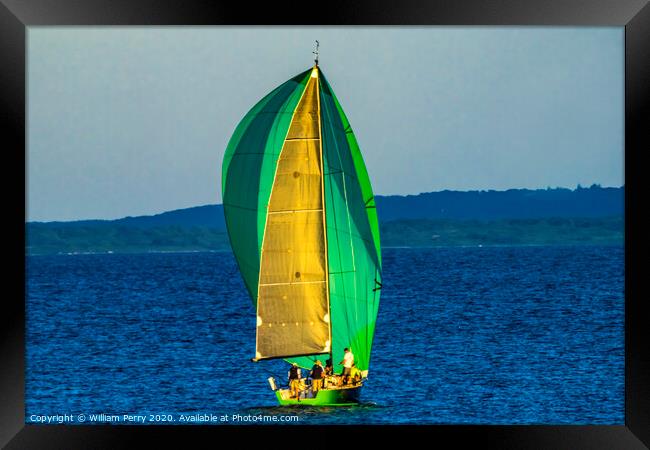 Green Sailboat Racing Padanaram Harbor Dartmouth M Framed Print by William Perry
