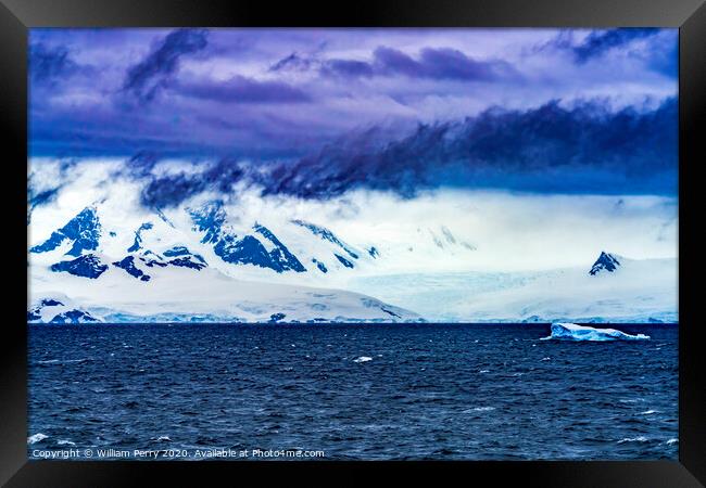 Floating Blue Iceberg Snow Glaciers Charlotte Harbor Antarctica Framed Print by William Perry