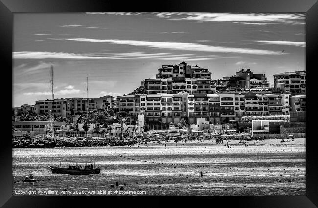 BW Beach Restaurants Boats Cabo San Lucas Mexico Framed Print by William Perry