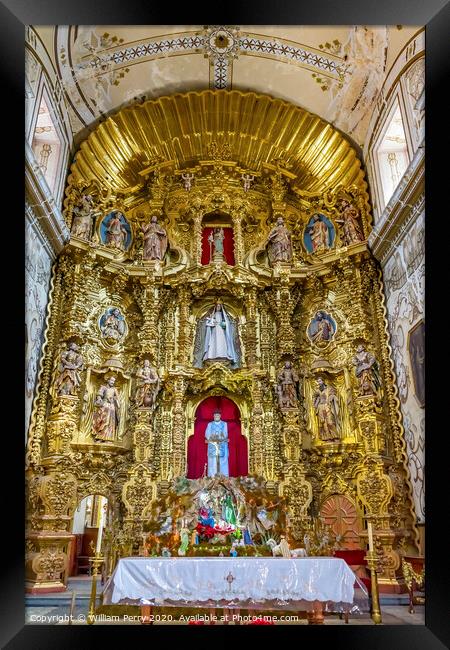 Golden Altarpiece Creche San Felipe Neri Church Oaxaca Mexico Framed Print by William Perry