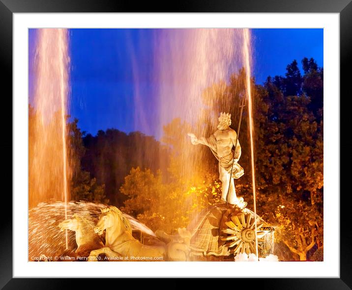 Neptune Chariot Horses Statue Fountain Night Madrid Spain Framed Mounted Print by William Perry