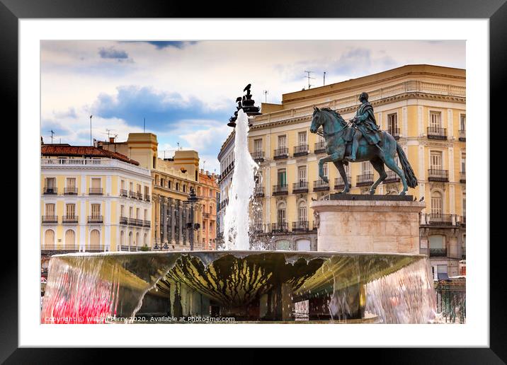 Puerta del Sol Plaza Fountain King Carlos Statue Madrid Spain Framed Mounted Print by William Perry