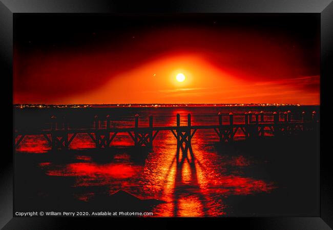 Colorful Red Moon Night Pier Padanaram Dartmouth Massachusetts Framed Print by William Perry
