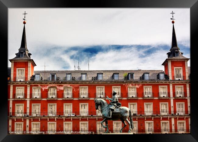 King Philip III Equestrian Statue Plaza Mayor Cityscape Madrid Spain Framed Print by William Perry