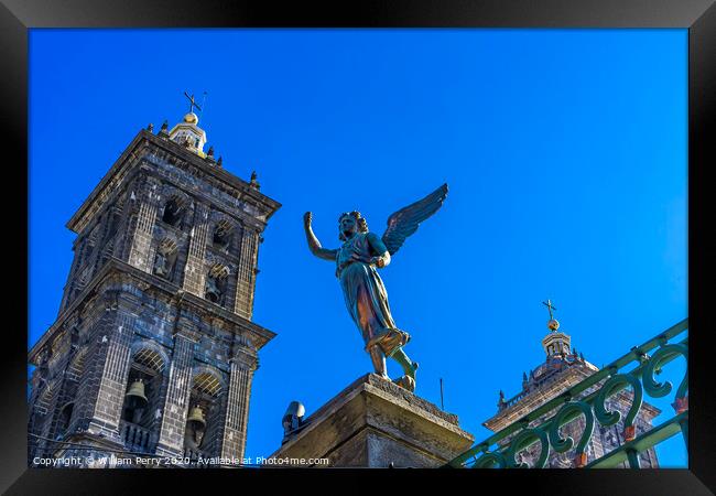 Facade Angel Outside Puebla Cathedral Mexico Framed Print by William Perry