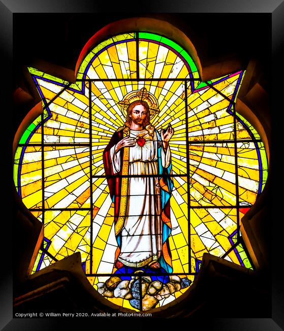 Jesus Sacred Heart Stained Glass La Compania Church Puebla Mexico Framed Print by William Perry
