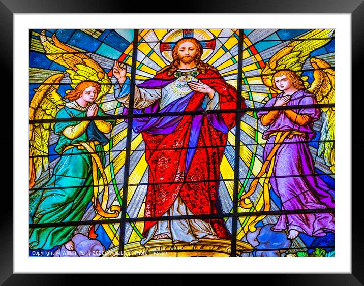 Coloful Jesus Archangels Stained Glass Puebla Cathedral Mexico Framed Mounted Print by William Perry